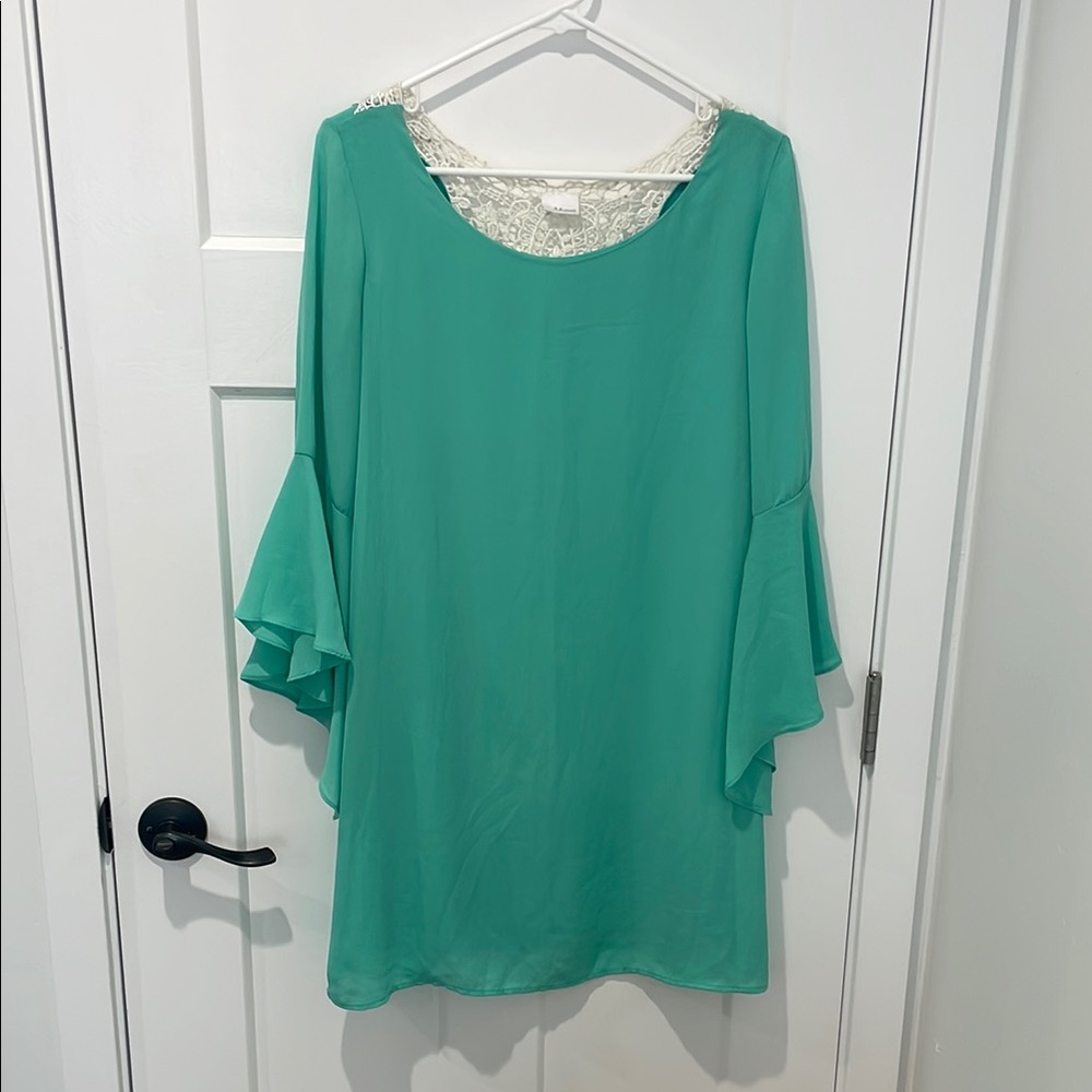 Green Bell Sleeve Mini Dress with White Lace